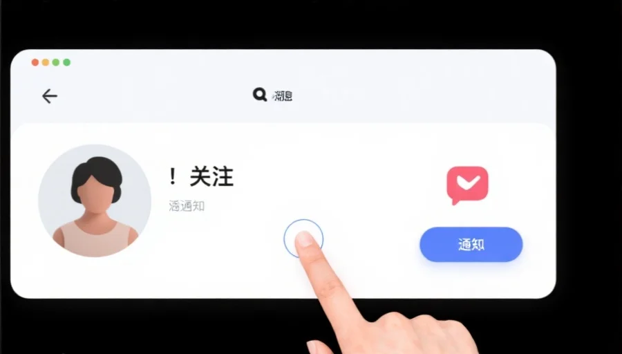 简洁明了的社交媒体界面,显示用户正在点击“关注”按钮,旁边有消息通知的图标